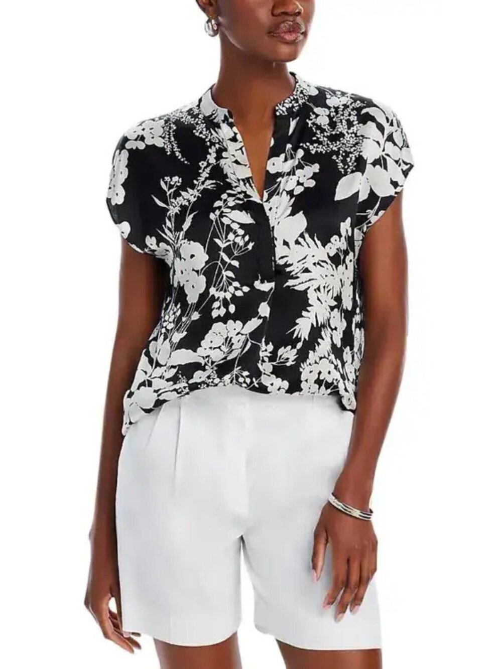 Vince Arboretum Silk Cap Sleeve Black & White Floral Blouse Size Medium